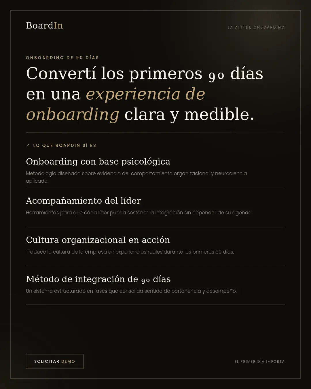 Captura de la pieza principal de BoardIn: 'Convertí los primeros 90 días en una experiencia de onboarding clara y medible', con los cuatro pilares del método listados debajo.