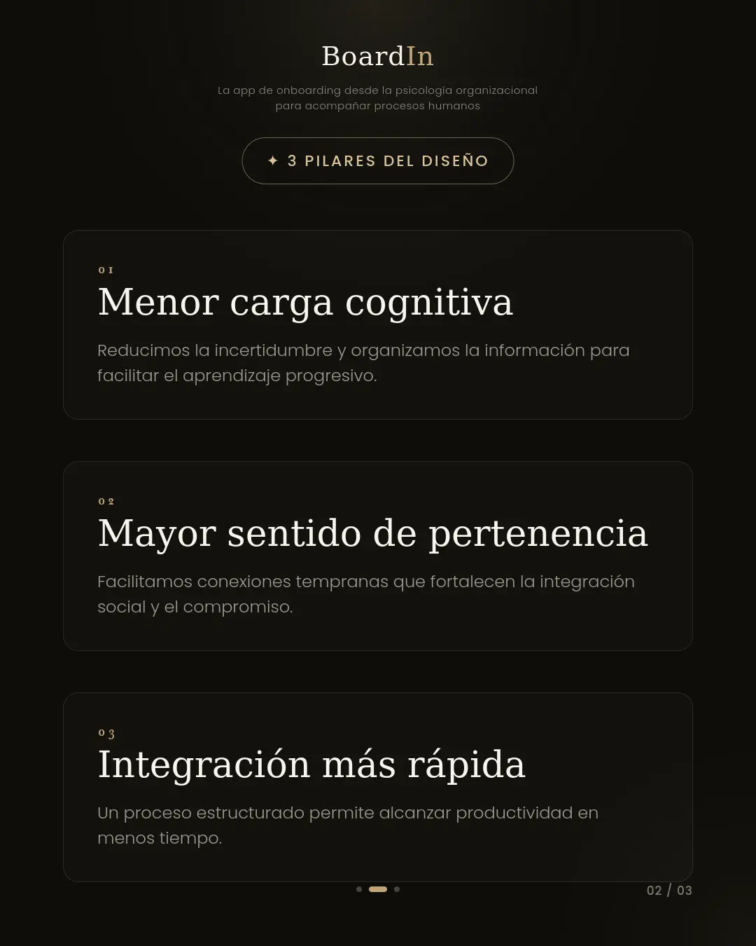 Captura de BoardIn mostrando los tres pilares del diseño: menor carga cognitiva, mayor sentido de pertenencia e integración más rápida.