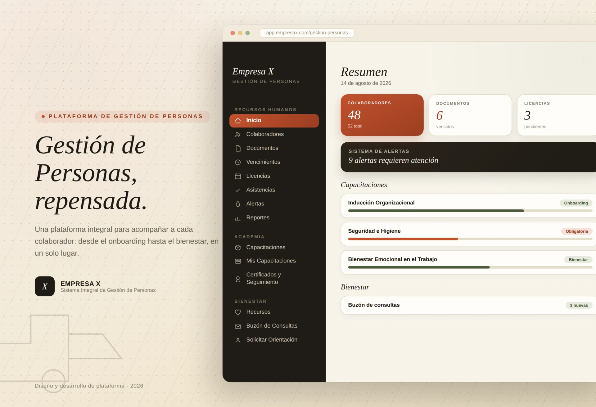 Dashboard del sistema de gestión de personas: vista de resumen con métricas de colaboradores, documentos y licencias, y menú lateral de navegación.