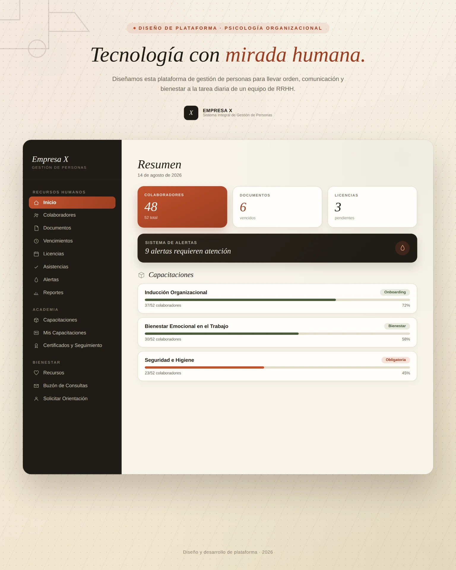 Dashboard del sistema de gestión de personas: pantalla de inicio con el lema 'Tecnología con mirada humana' y resumen de métricas del equipo.
